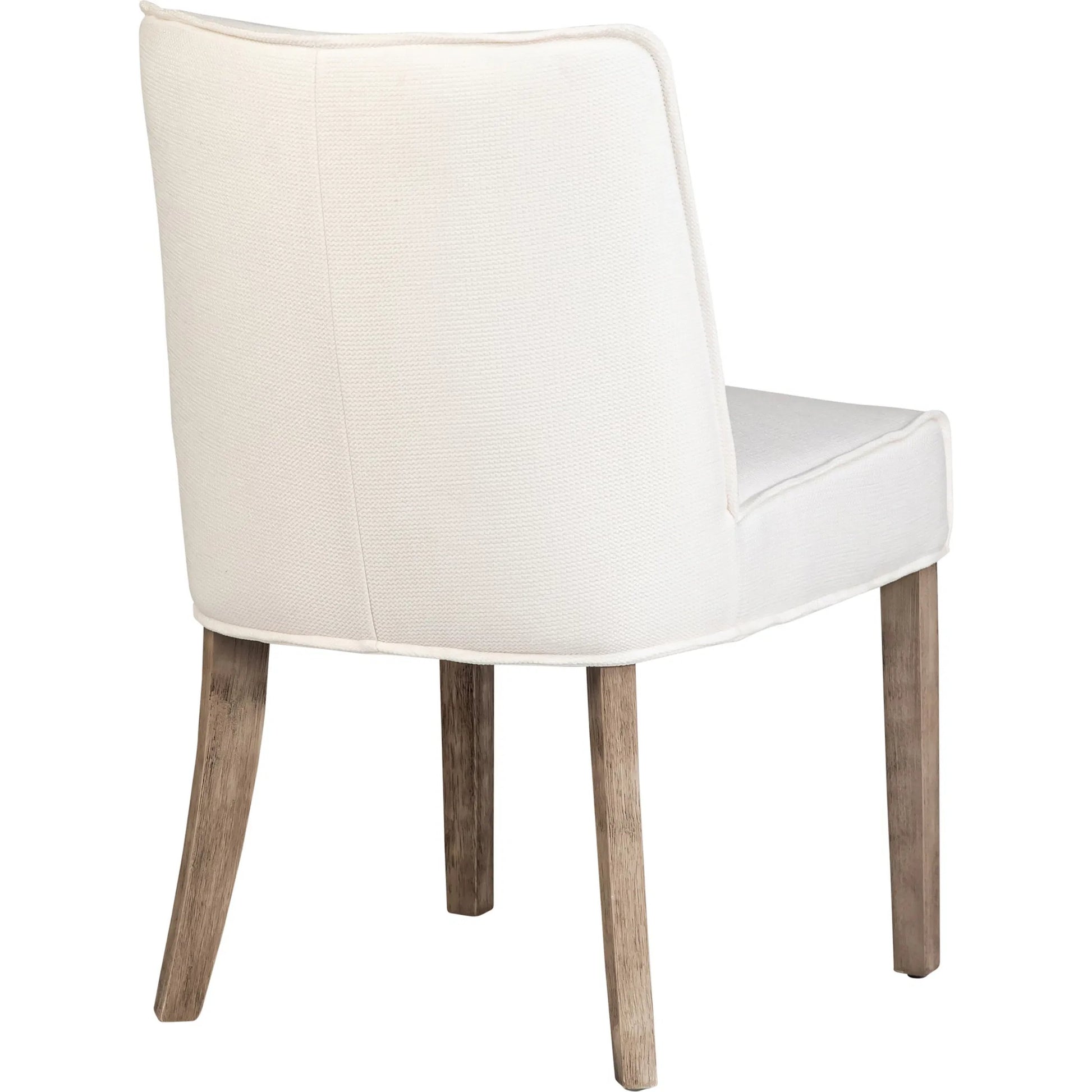 Rosia Dining Chair by Arch & Plane in off white upholstery, grey washed wood finish. Made from linen blend upholstery, rubber wood legs in a transitional style.