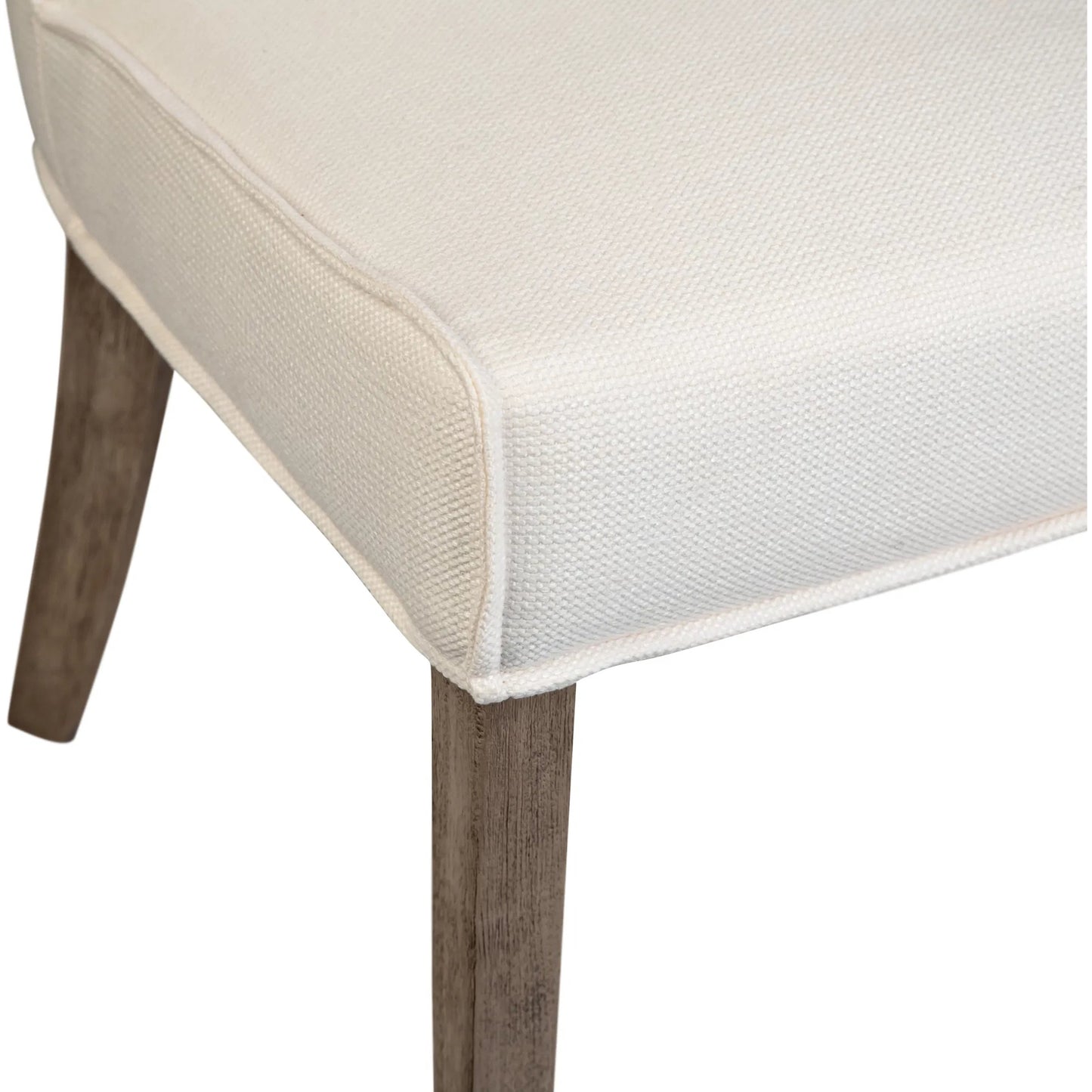 004 SI-2350569 | Closeup | Rosia Dining Chair by Arch & Plane in off white upholstery, grey washed wood finish. Made from linen blend upholstery, rubber wood legs in a transitional style.