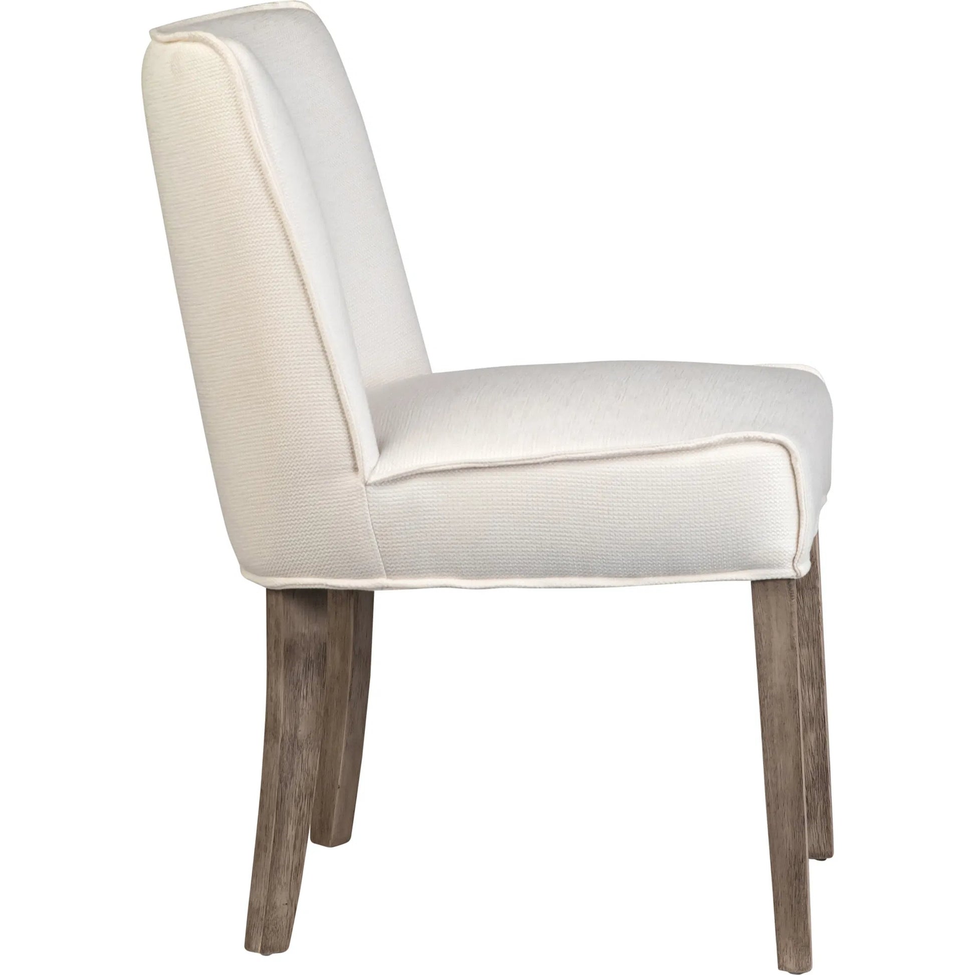 Rosia Dining Chair by Arch & Plane in off white upholstery, grey washed wood finish. Made from linen blend upholstery, rubber wood legs in a transitional style.