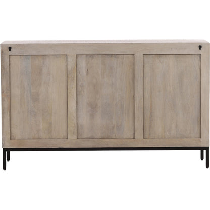 Selene Geometric Sideboard by Arch & Plane in brown and light grey wash sealed finish. Made from reclaimed mango wood, iron in a modern style.