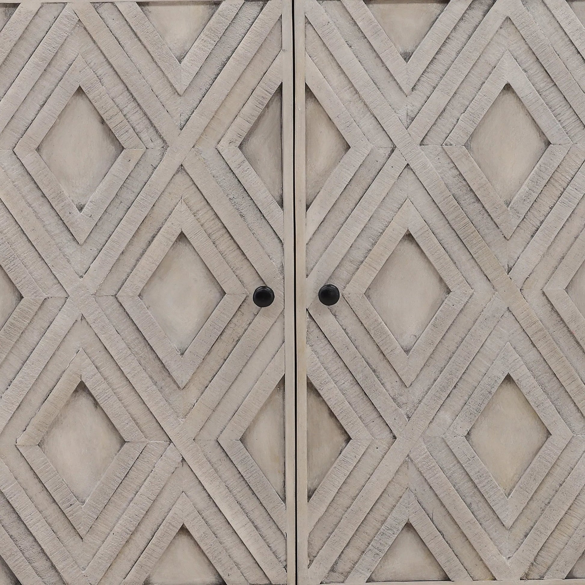 Selene Geometric Sideboard by Arch & Plane in brown and light grey wash sealed finish. Made from reclaimed mango wood, iron in a modern style.