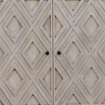 Selene Geometric Sideboard by Arch & Plane in brown and light grey wash sealed finish. Made from reclaimed mango wood, iron in a modern style.