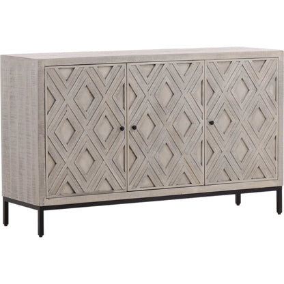 Selene Geometric Sideboard by Arch & Plane in brown and light grey wash sealed finish. Made from reclaimed mango wood, iron in a modern style.