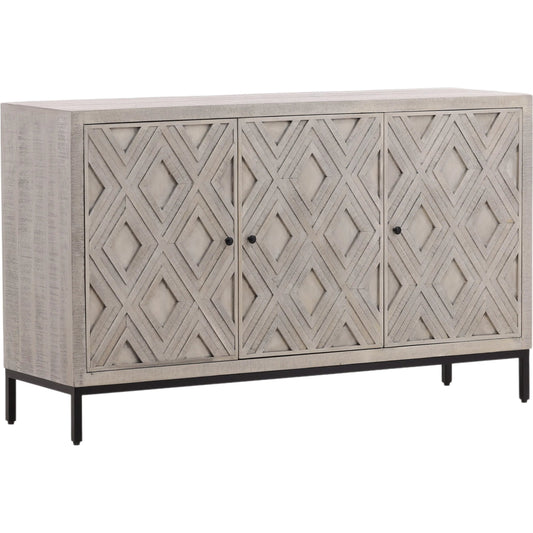 Selene Geometric Sideboard by Arch & Plane in brown and light grey wash sealed finish. Made from reclaimed mango wood, iron in a modern style.