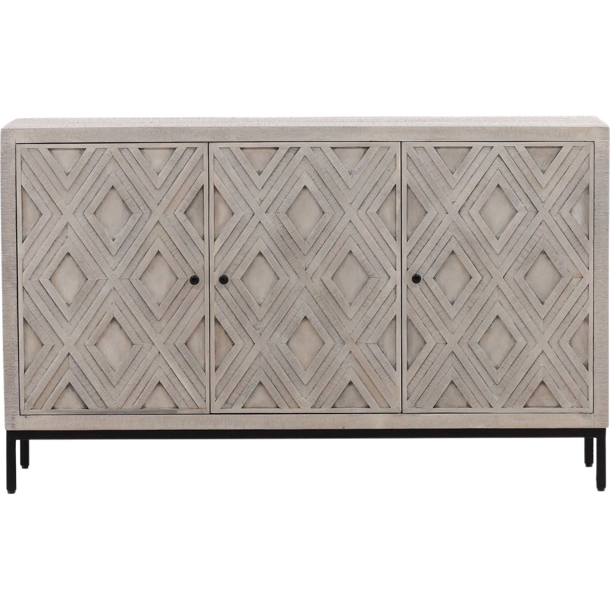 Selene Geometric Sideboard by Arch & Plane in brown and light grey wash sealed finish. Made from reclaimed mango wood, iron in a modern style.