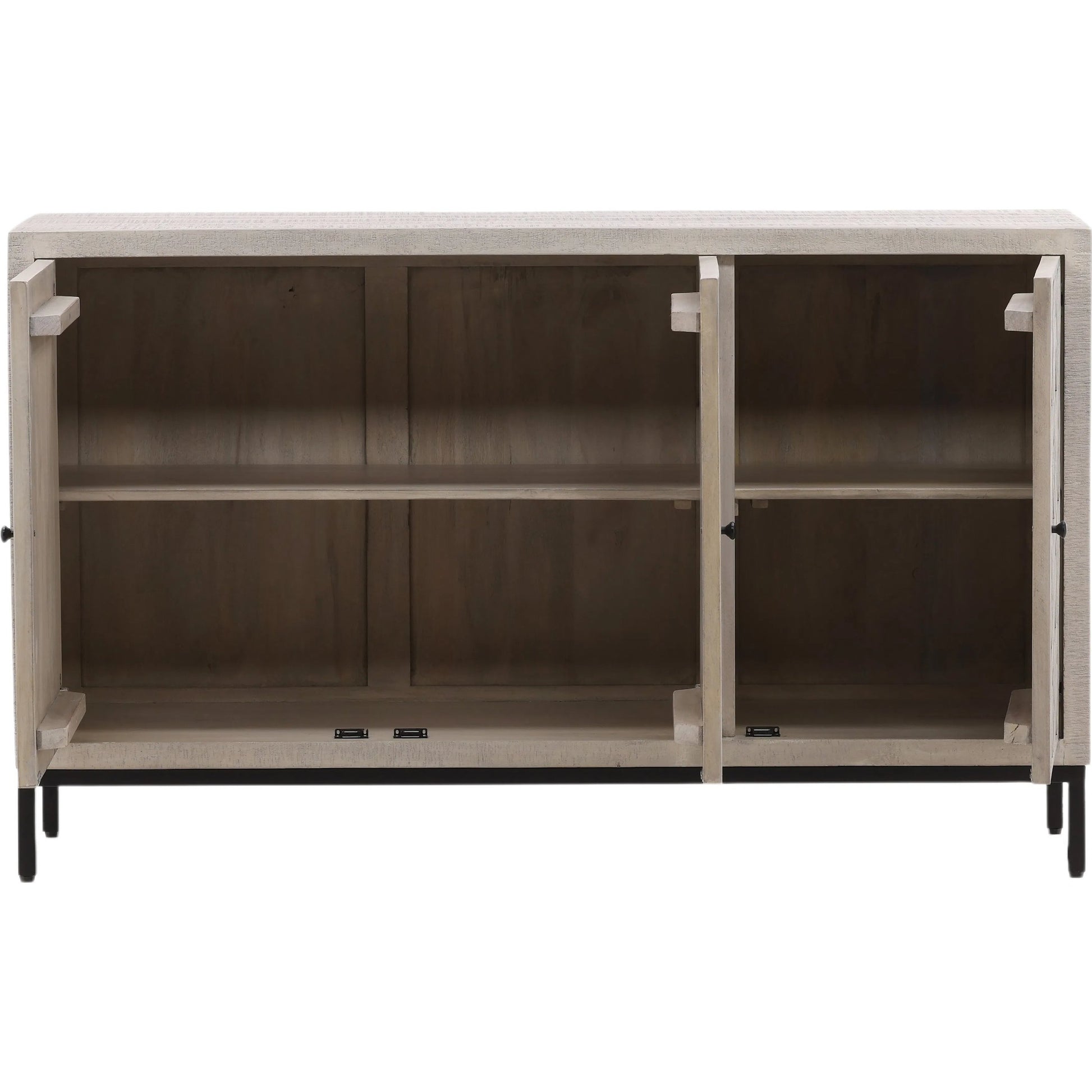 Selene Geometric Sideboard by Arch & Plane in brown and light grey wash sealed finish. Made from reclaimed mango wood, iron in a modern style.