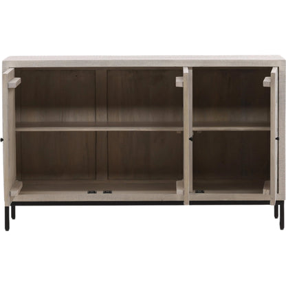 Selene Geometric Sideboard by Arch & Plane in brown and light grey wash sealed finish. Made from reclaimed mango wood, iron in a modern style.