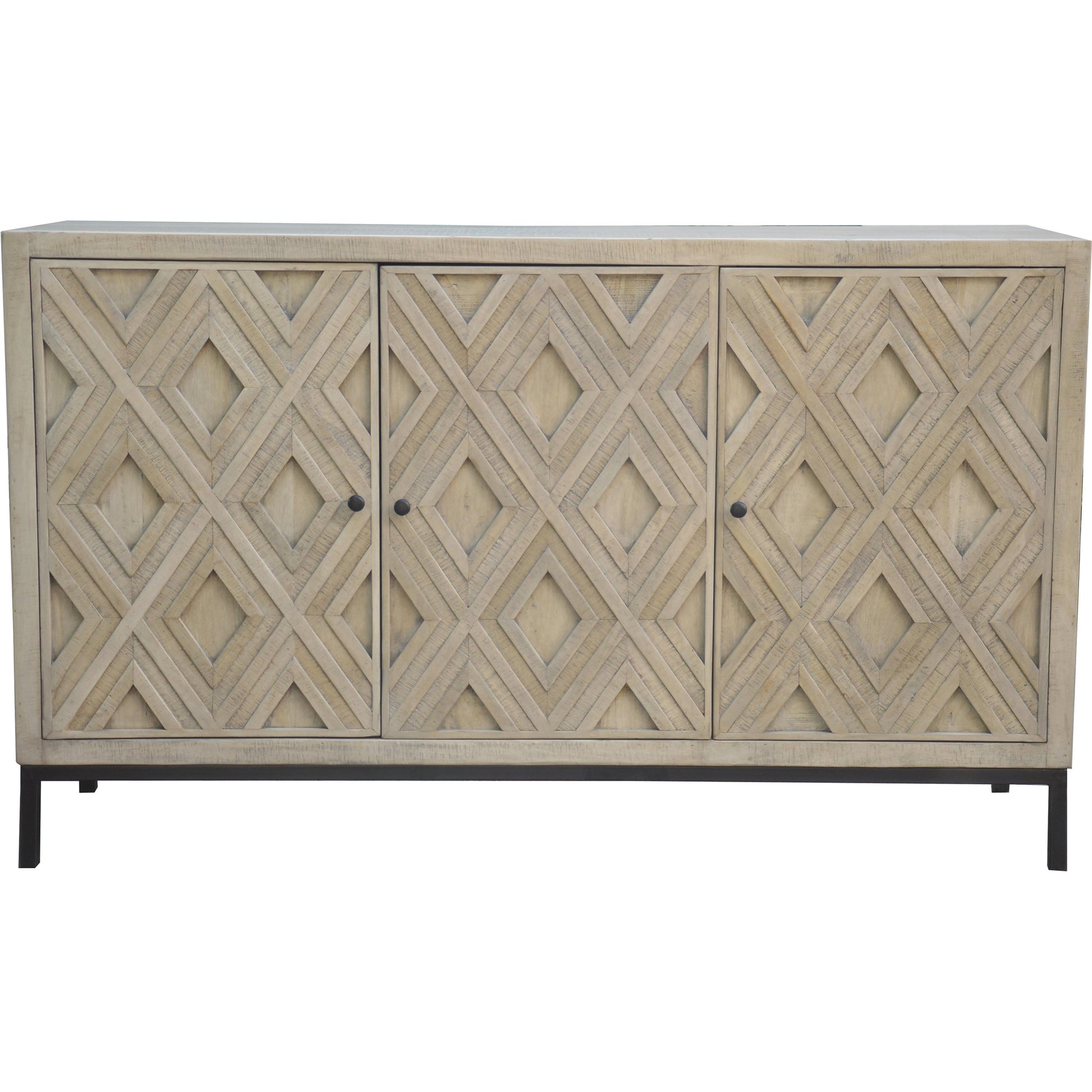 Selene Geometric Sideboard by Arch & Plane in brown and light grey wash sealed finish. Made from reclaimed mango wood, iron in a modern style.