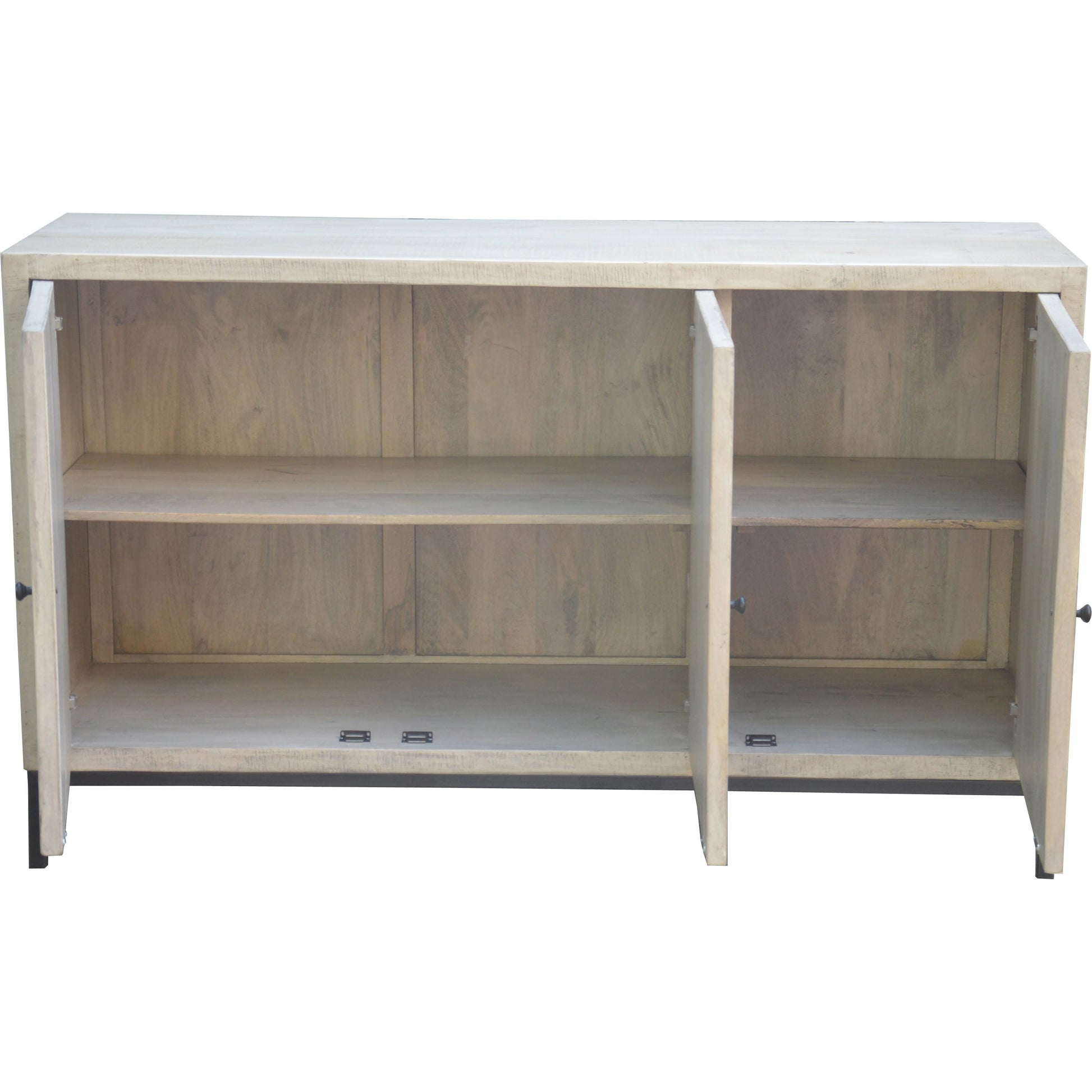 Selene Geometric Sideboard by Arch & Plane in brown and light grey wash sealed finish. Made from reclaimed mango wood, iron in a modern style.