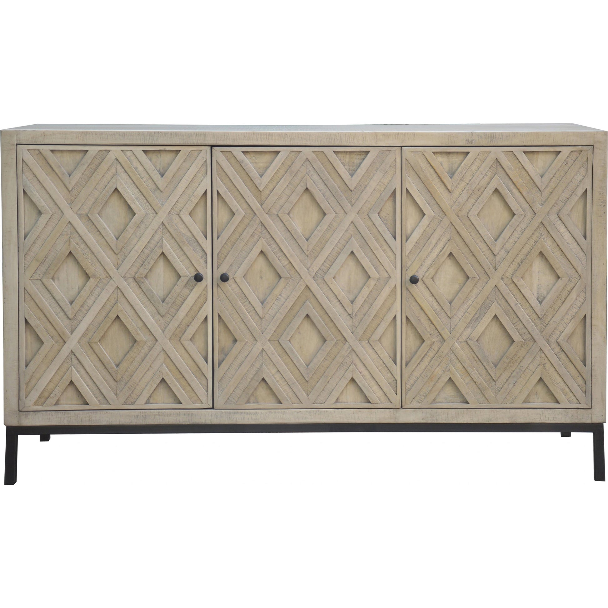 Selene Geometric Sideboard by Arch & Plane in brown and light grey wash sealed finish. Made from reclaimed mango wood, iron in a modern style.