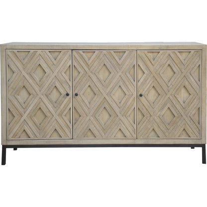 Selene Geometric Sideboard by Arch & Plane in brown and light grey wash sealed finish. Made from reclaimed mango wood, iron in a modern style.