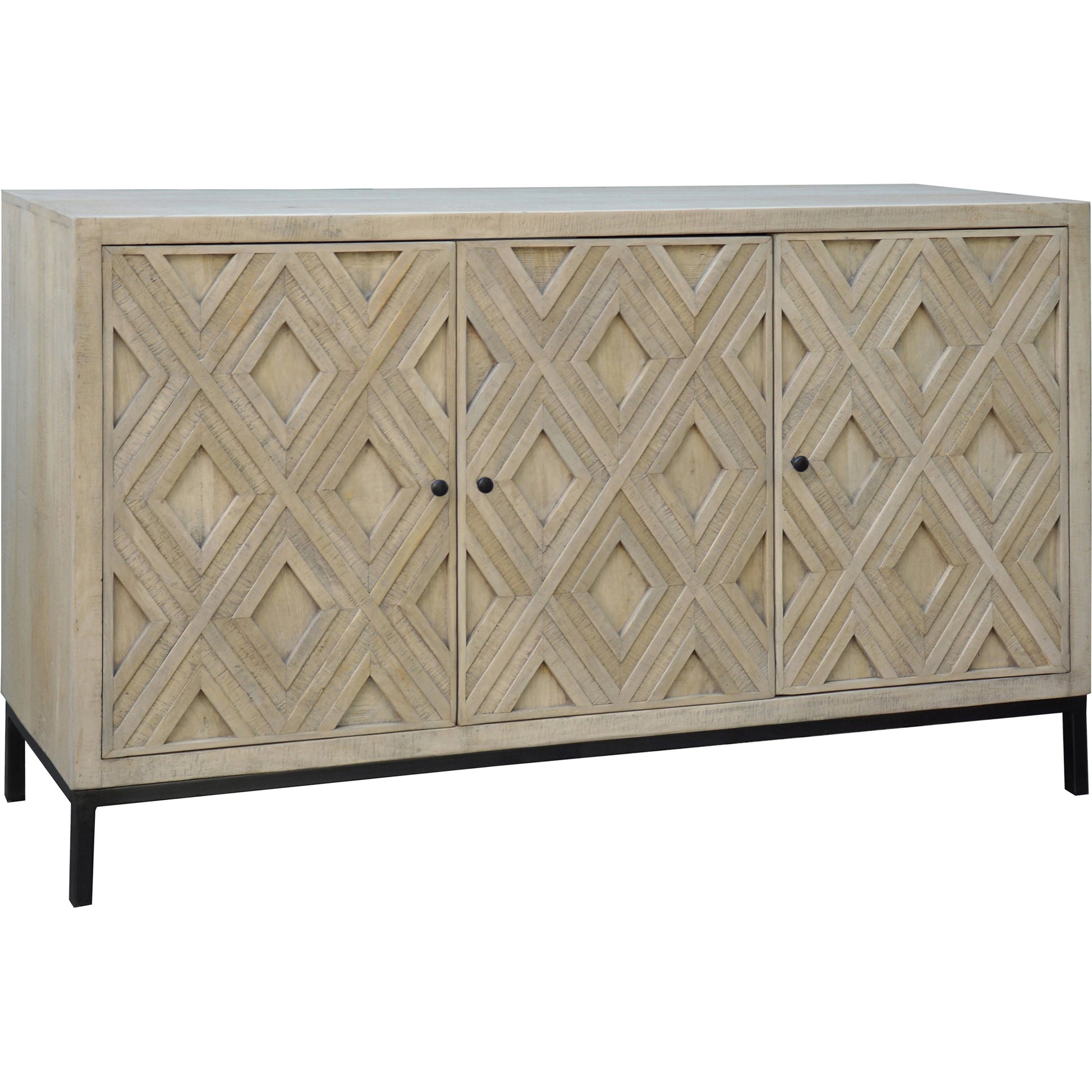 Selene Geometric Sideboard by Arch & Plane in brown and light grey wash sealed finish. Made from reclaimed mango wood, iron in a modern style.