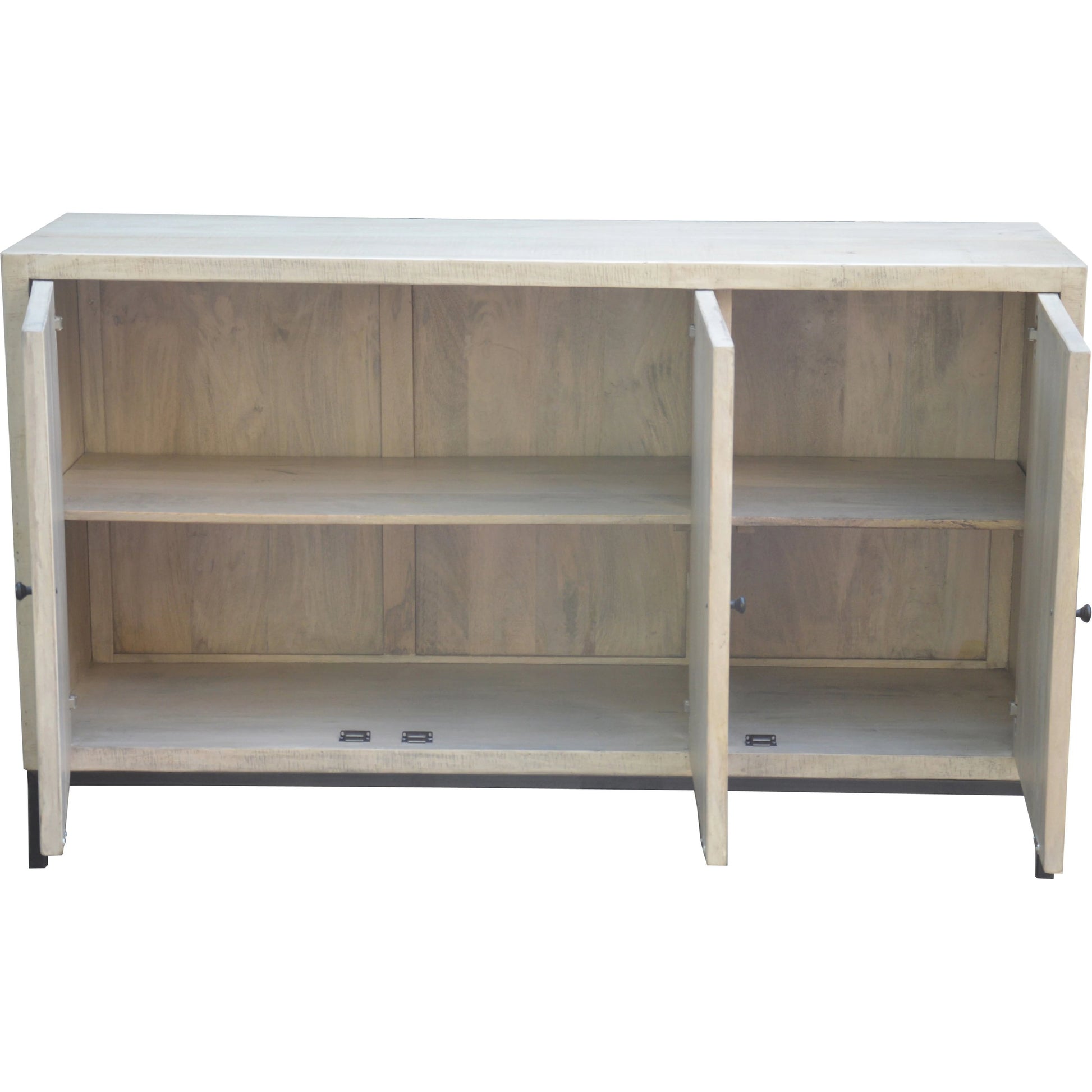 Selene Geometric Sideboard by Arch & Plane in brown and light grey wash sealed finish. Made from reclaimed mango wood, iron in a modern style.