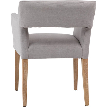 Brant Linen Dining Arm Chair by Arch & Plane in light grey, natural medium wood and fabric. Made from linen in a modern style.
