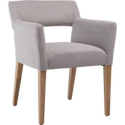 Brant Linen Dining Arm Chair by Arch & Plane in light grey, natural medium wood and fabric. Made from linen in a modern style.