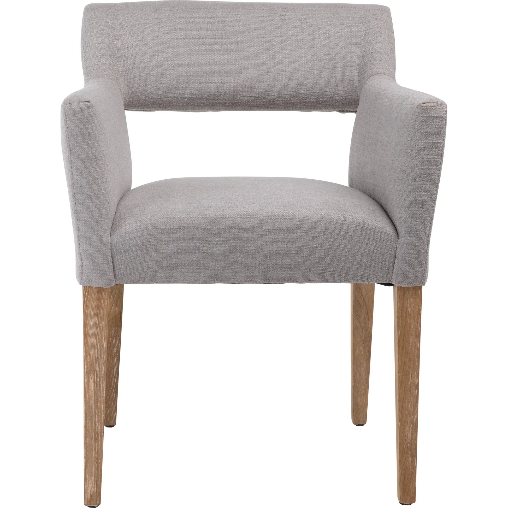 Brant Linen Dining Arm Chair by Arch & Plane in light grey, natural medium wood and fabric. Made from linen in a modern style.