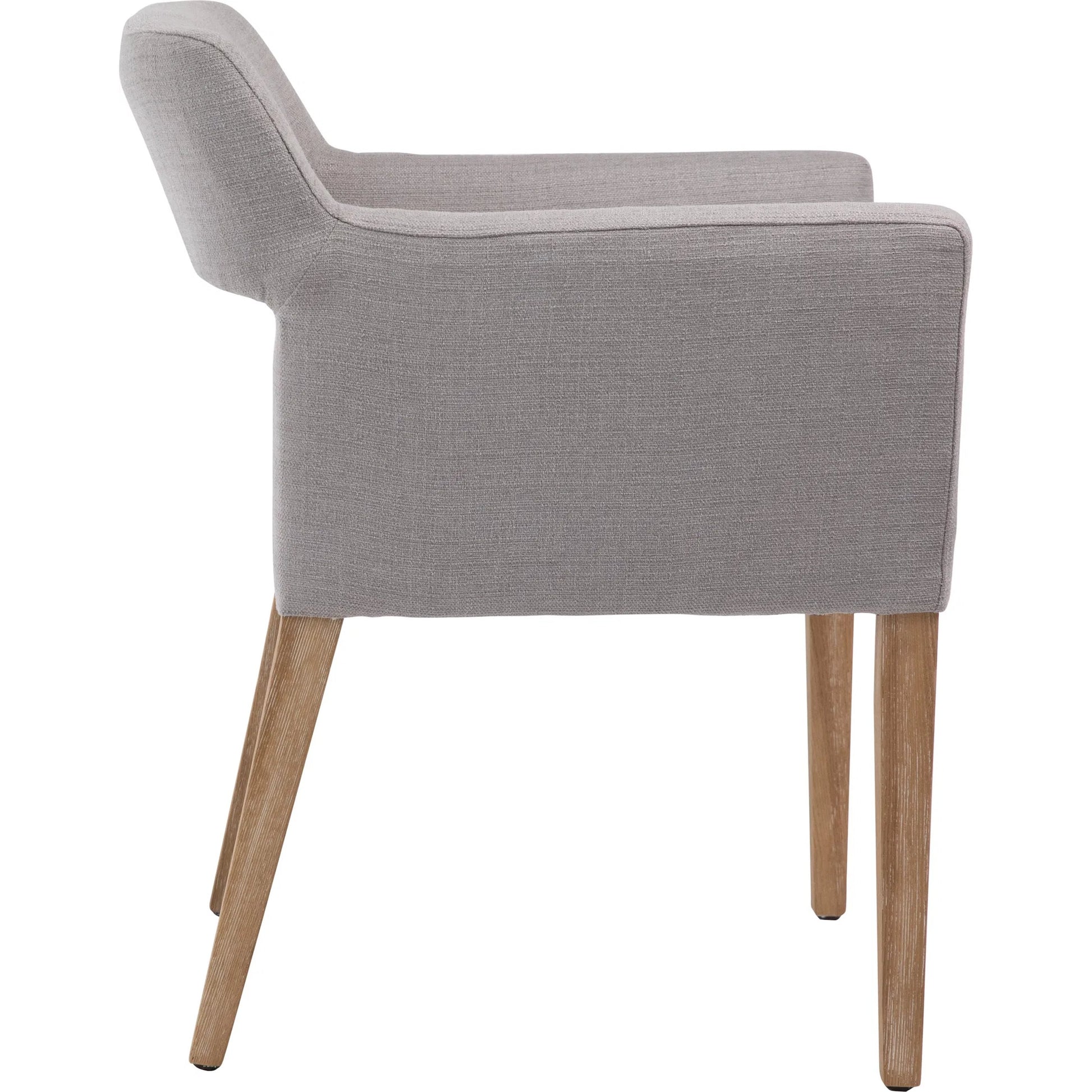Brant Linen Dining Arm Chair by Arch & Plane in light grey, natural medium wood and fabric. Made from linen in a modern style.