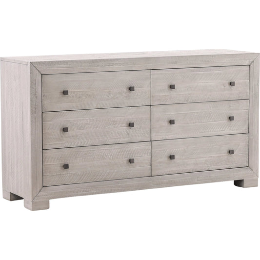 Clancy Dresser by Arch & Plane in light grey washed sealed finish. Made from solid acacia wood in a unique style.
