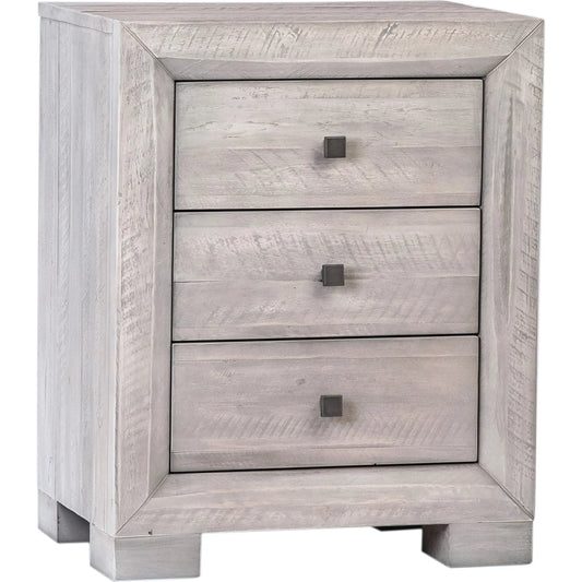 Clancy Nightstand by Arch & Plane in light grey washed sealed finish. Made from solid acacia wood in a unique style.