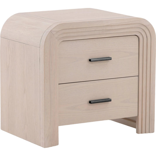 Portland Nightstand by Arch & Plane in bleach natural, black handles. Made from rubber wood, oak veneer in a unique style.