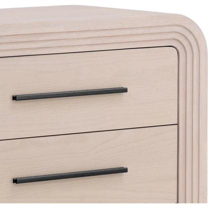 Rene Dresser by Arch & Plane in bleach natural, black handles. Made from rubber wood, oak veneer in a transitional style.