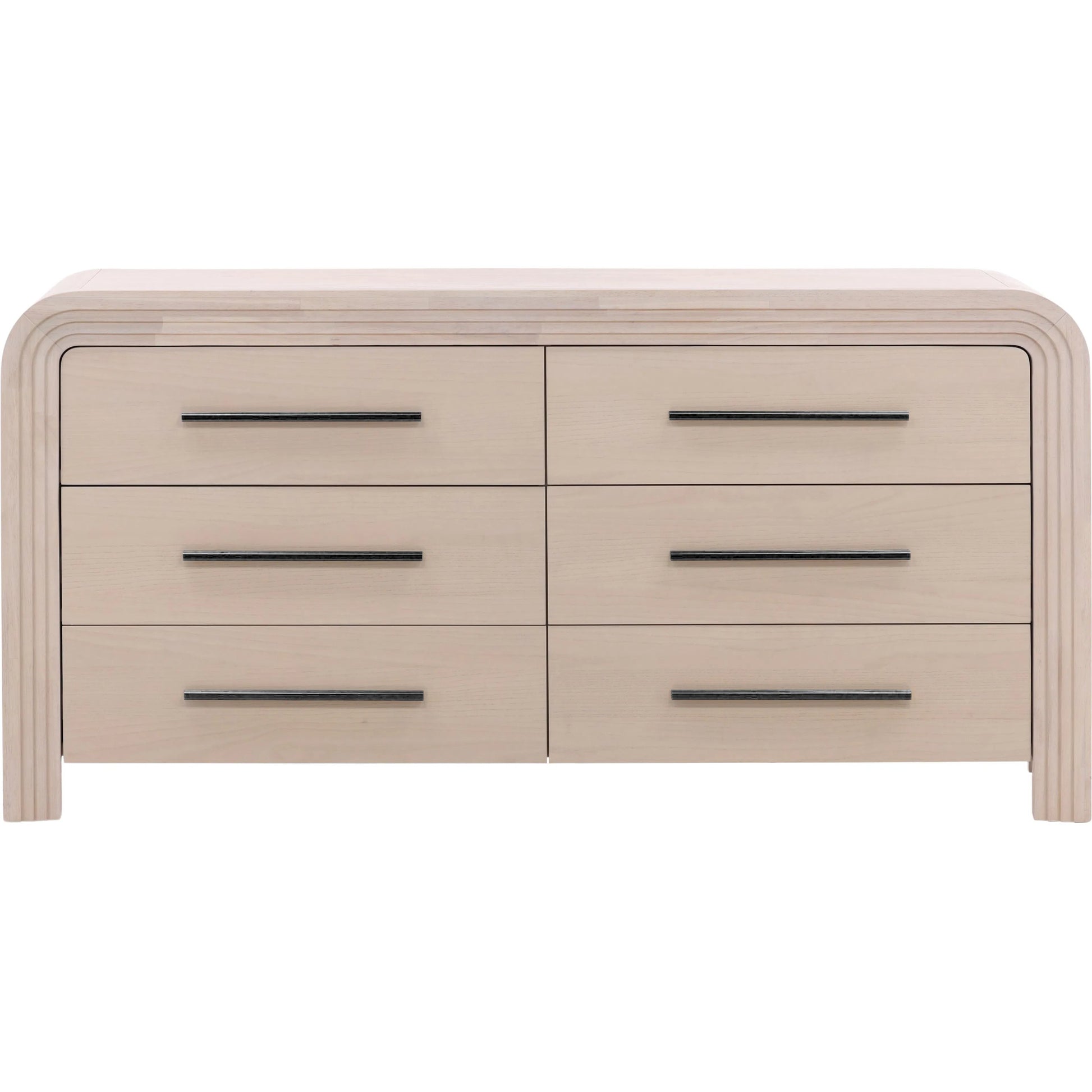Rene Dresser by Arch & Plane in bleach natural, black handles. Made from rubber wood, oak veneer in a transitional style.