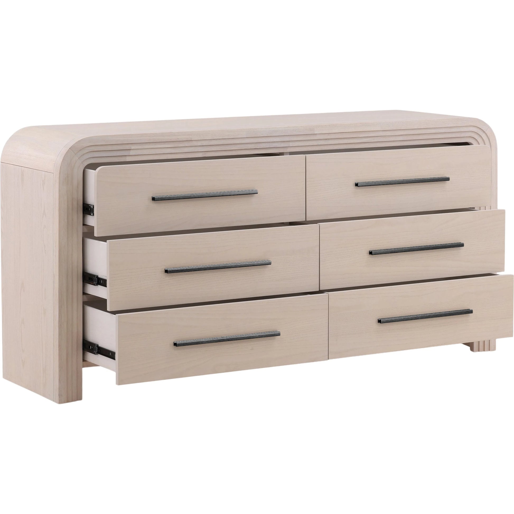 Rene Dresser by Arch & Plane in bleach natural, black handles. Made from rubber wood, oak veneer in a transitional style.