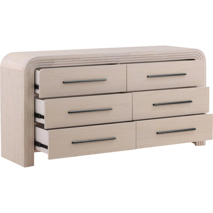 Rene Dresser by Arch & Plane in bleach natural, black handles. Made from rubber wood, oak veneer in a transitional style.