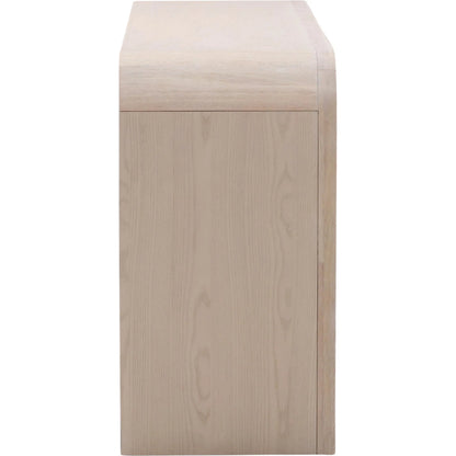 Rene Dresser by Arch & Plane in bleach natural, black handles. Made from rubber wood, oak veneer in a transitional style.