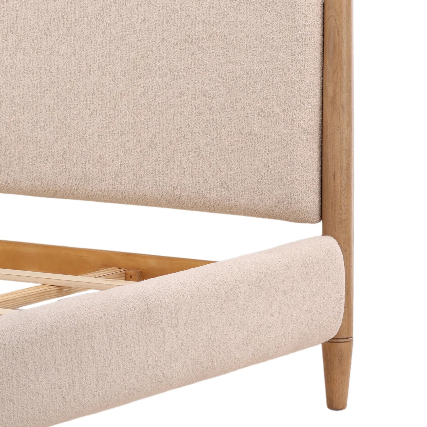 007 SI-2532820 | Closeup | Grace Bed by Arch & Plane in cream, natural. Made from boucle fabric, rubberwood in a unique style.
