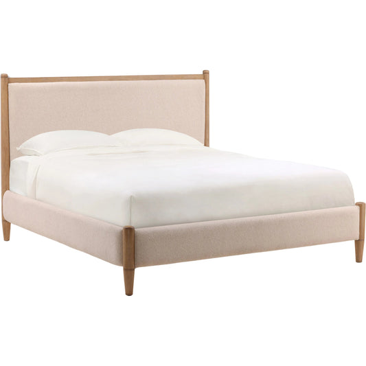 Grace Bed by Arch & Plane in cream, natural. Made from boucle fabric, rubberwood in a unique style.