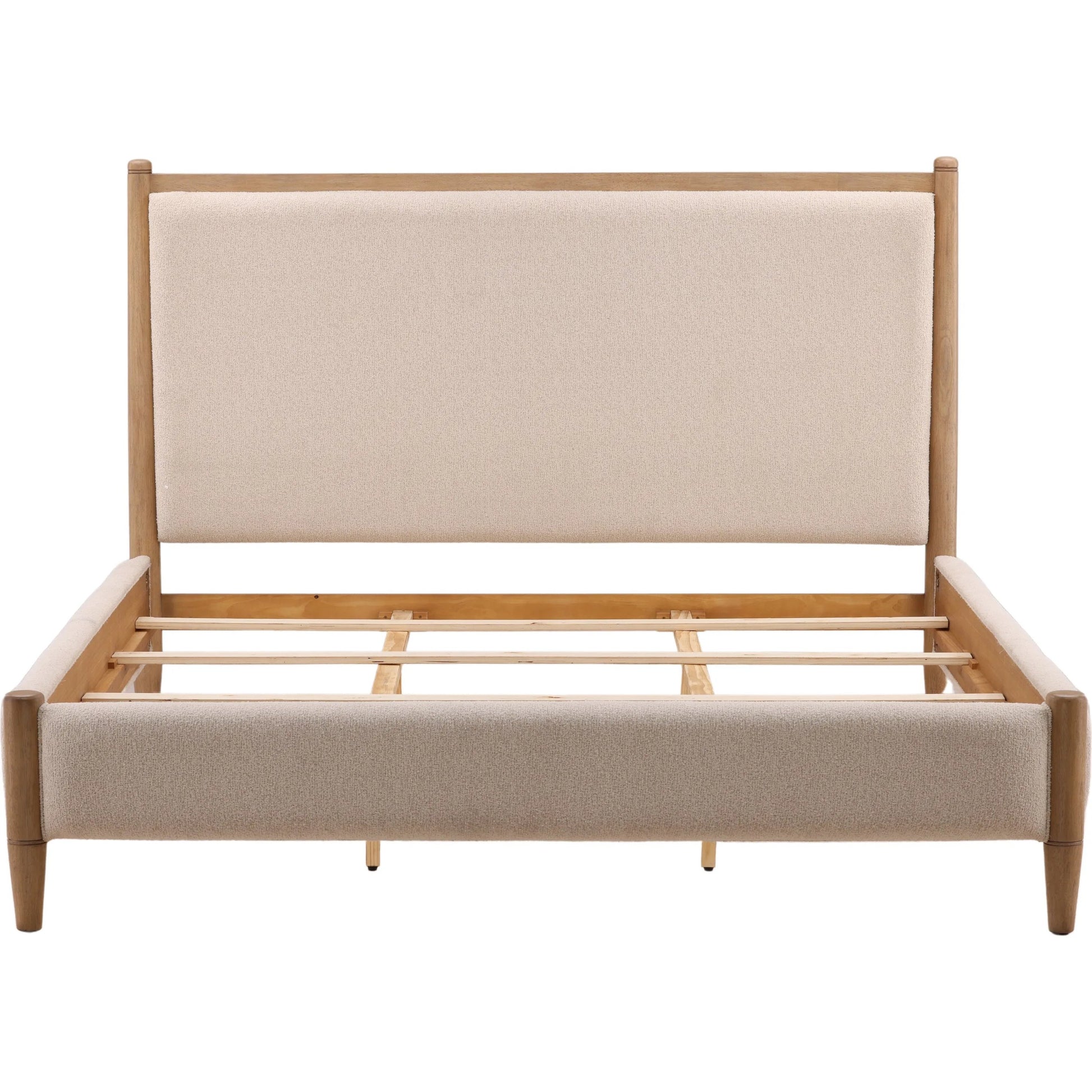 Grace Bed by Arch & Plane in cream, natural. Made from boucle fabric, rubberwood in a unique style.