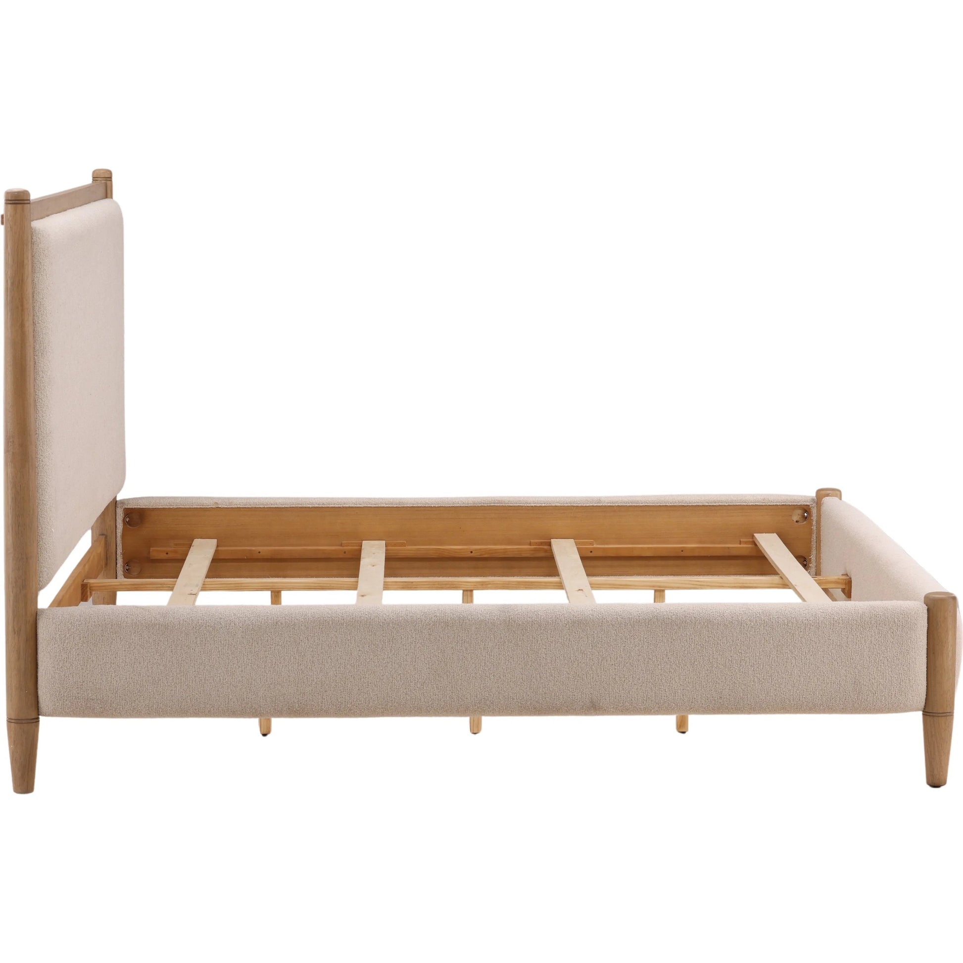 Grace Bed by Arch & Plane in cream, natural. Made from boucle fabric, rubberwood in a unique style.