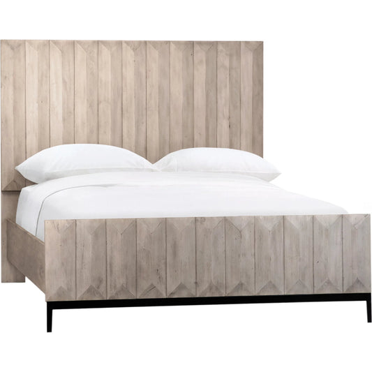 Sawyer Panel Bed by Arch & Plane in light grey wash, black. Made from pine in a modern style.