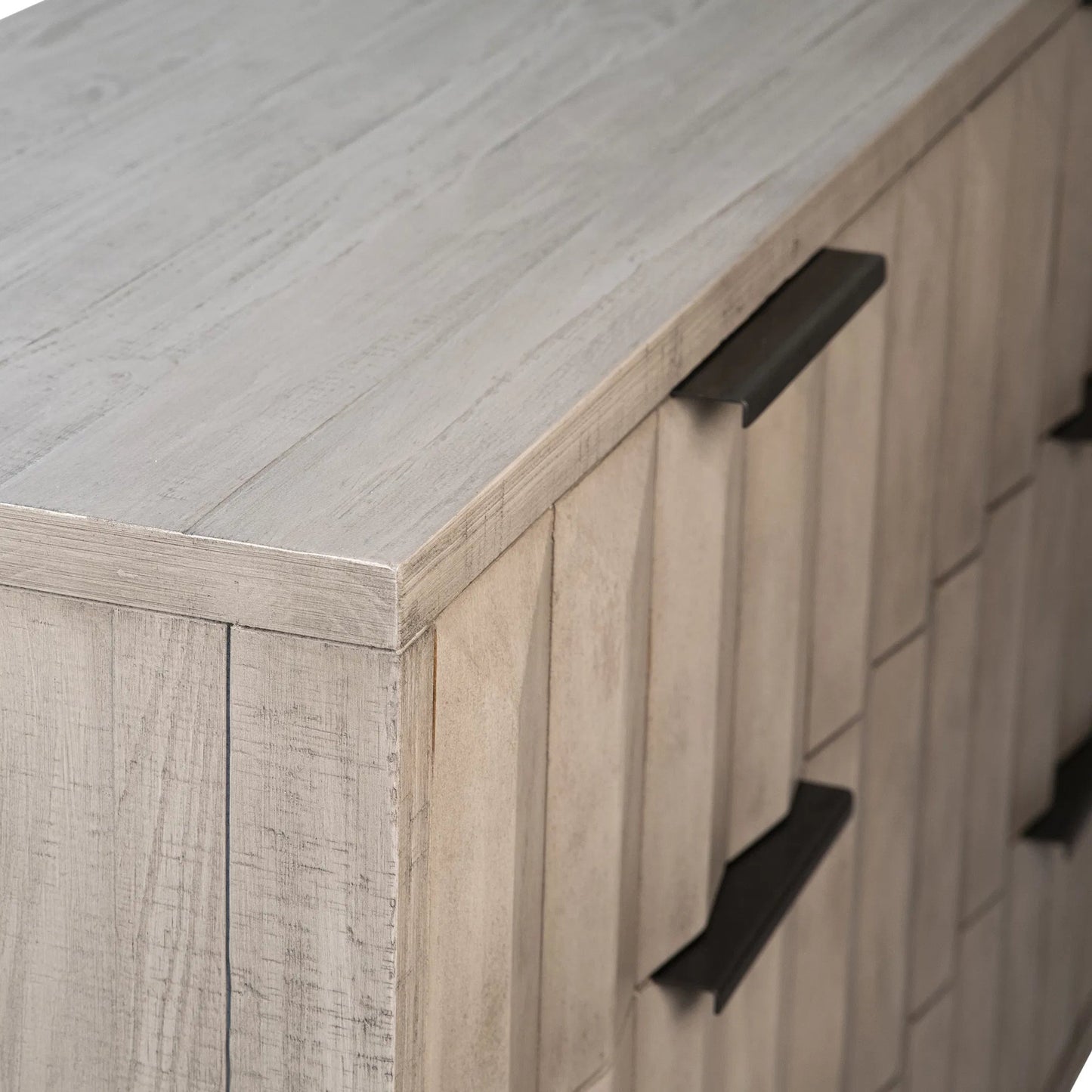 005 SI-2075359 | Closeup | Knightley Carved Reclaimed Wood Dresser by Arch & Plane in grey, brown and light grey wash seal finish, antique gunmetal finish. Made from pine wood, veneer, metal in a modern style.