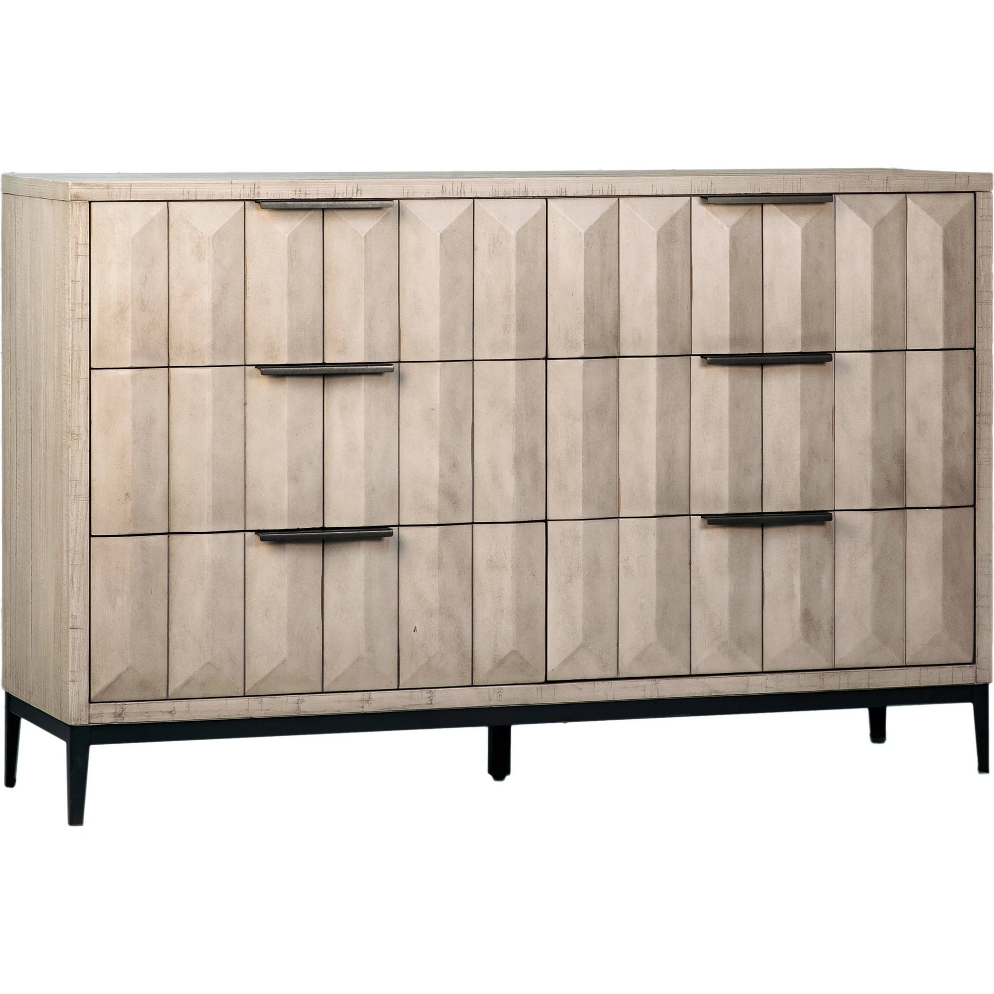 Knightley Carved Reclaimed Wood Dresser by Arch & Plane in grey, brown and light grey wash seal finish, antique gunmetal finish. Made from pine wood, veneer, metal in a modern style.