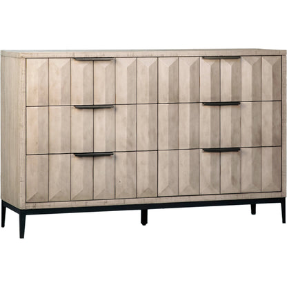 Knightley Carved Reclaimed Wood Dresser by Arch & Plane in grey, brown and light grey wash seal finish, antique gunmetal finish. Made from pine wood, veneer, metal in a modern style.