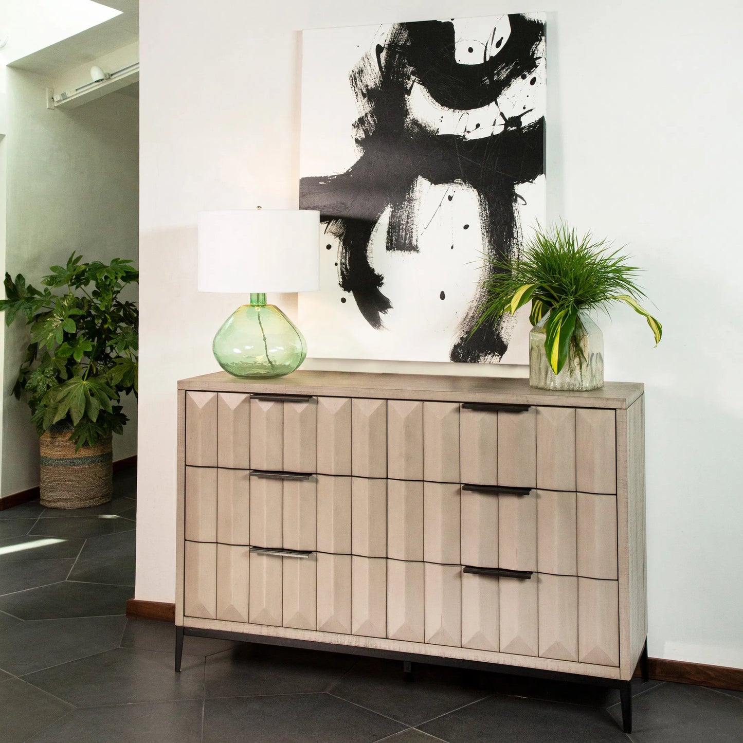 006 SI-2075359 | Lifestyle | Knightley Carved Reclaimed Wood Dresser by Arch & Plane in grey, brown and light grey wash seal finish, antique gunmetal finish. Made from pine wood, veneer, metal in a modern style.