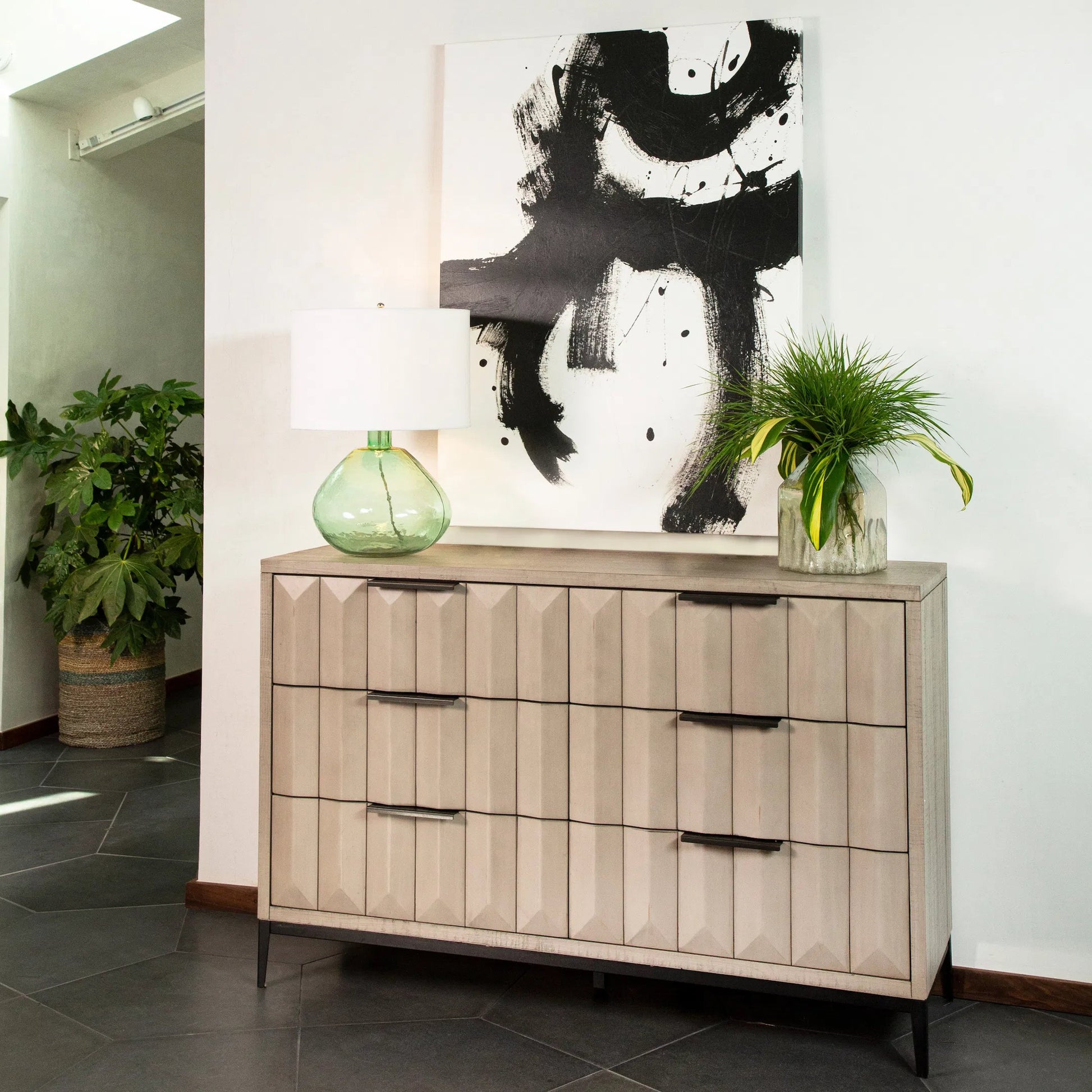 Knightley Carved Reclaimed Wood Dresser by Arch & Plane in grey, brown and light grey wash seal finish, antique gunmetal finish. Made from pine wood, veneer, metal in a modern style.