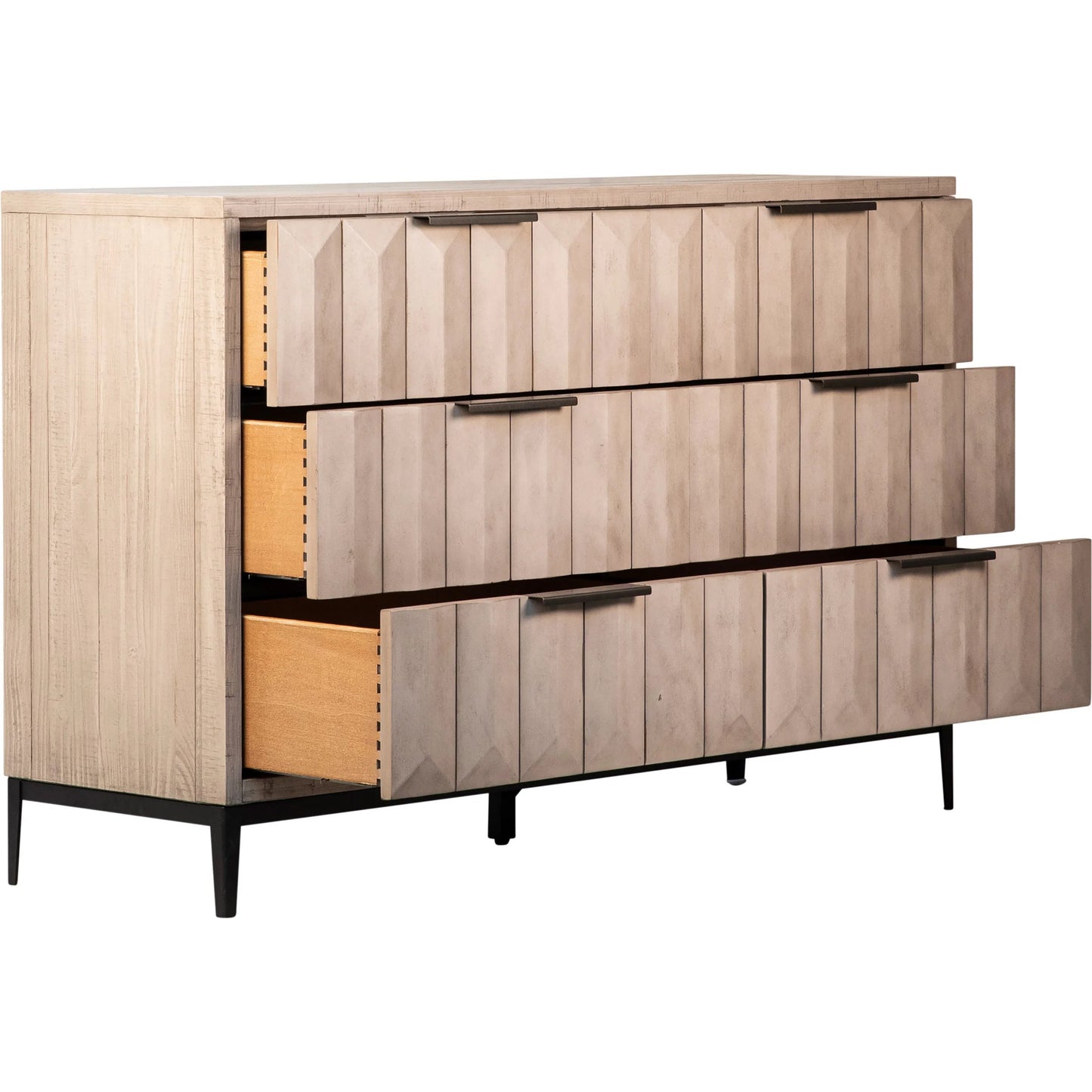004 SI-2075359 | Additional Silo | Knightley Carved Reclaimed Wood Dresser by Arch & Plane in grey, brown and light grey wash seal finish, antique gunmetal finish. Made from pine wood, veneer, metal in a modern style.