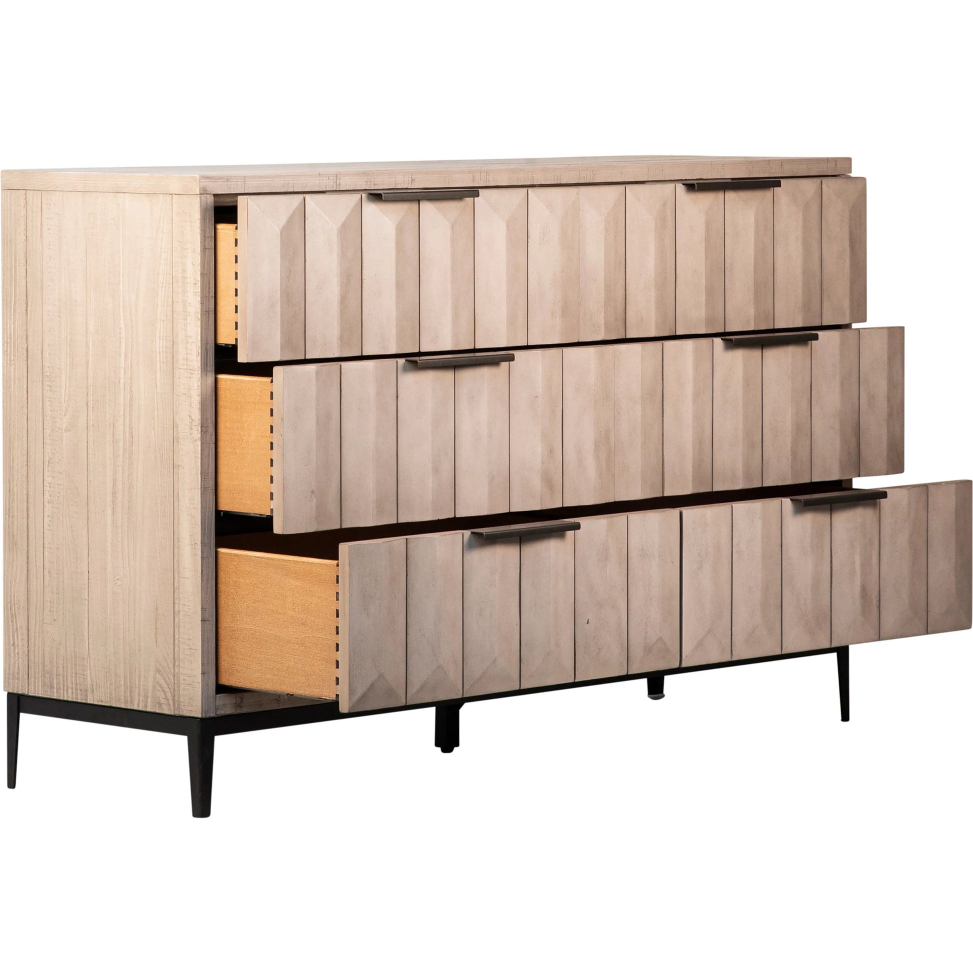 Knightley Carved Reclaimed Wood Dresser by Arch & Plane in grey, brown and light grey wash seal finish, antique gunmetal finish. Made from pine wood, veneer, metal in a modern style.