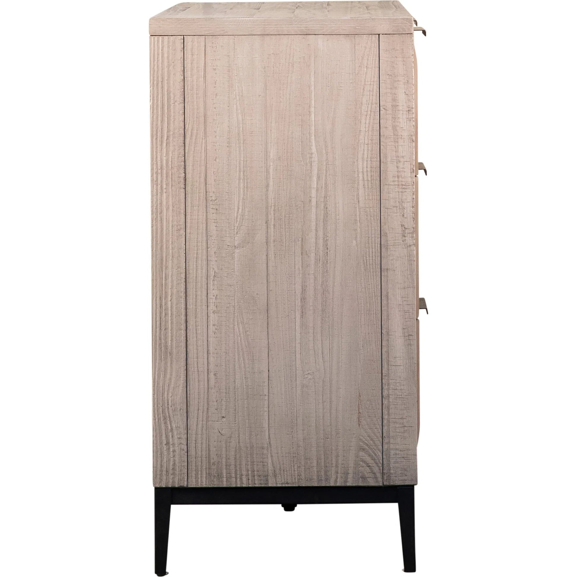 Knightley Carved Reclaimed Wood Dresser by Arch & Plane in grey, brown and light grey wash seal finish, antique gunmetal finish. Made from pine wood, veneer, metal in a modern style.