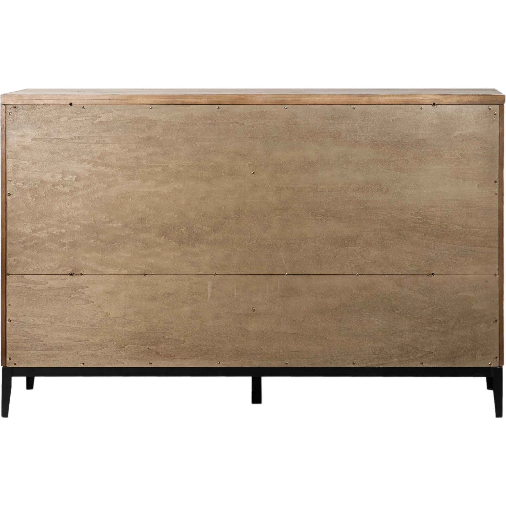 Knightley Carved Reclaimed Wood Dresser by Arch & Plane in grey, brown and light grey wash seal finish, antique gunmetal finish. Made from pine wood, veneer, metal in a modern style.