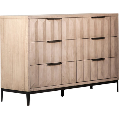 Knightley Carved Reclaimed Wood Dresser by Arch & Plane in grey, brown and light grey wash seal finish, antique gunmetal finish. Made from pine wood, veneer, metal in a modern style.