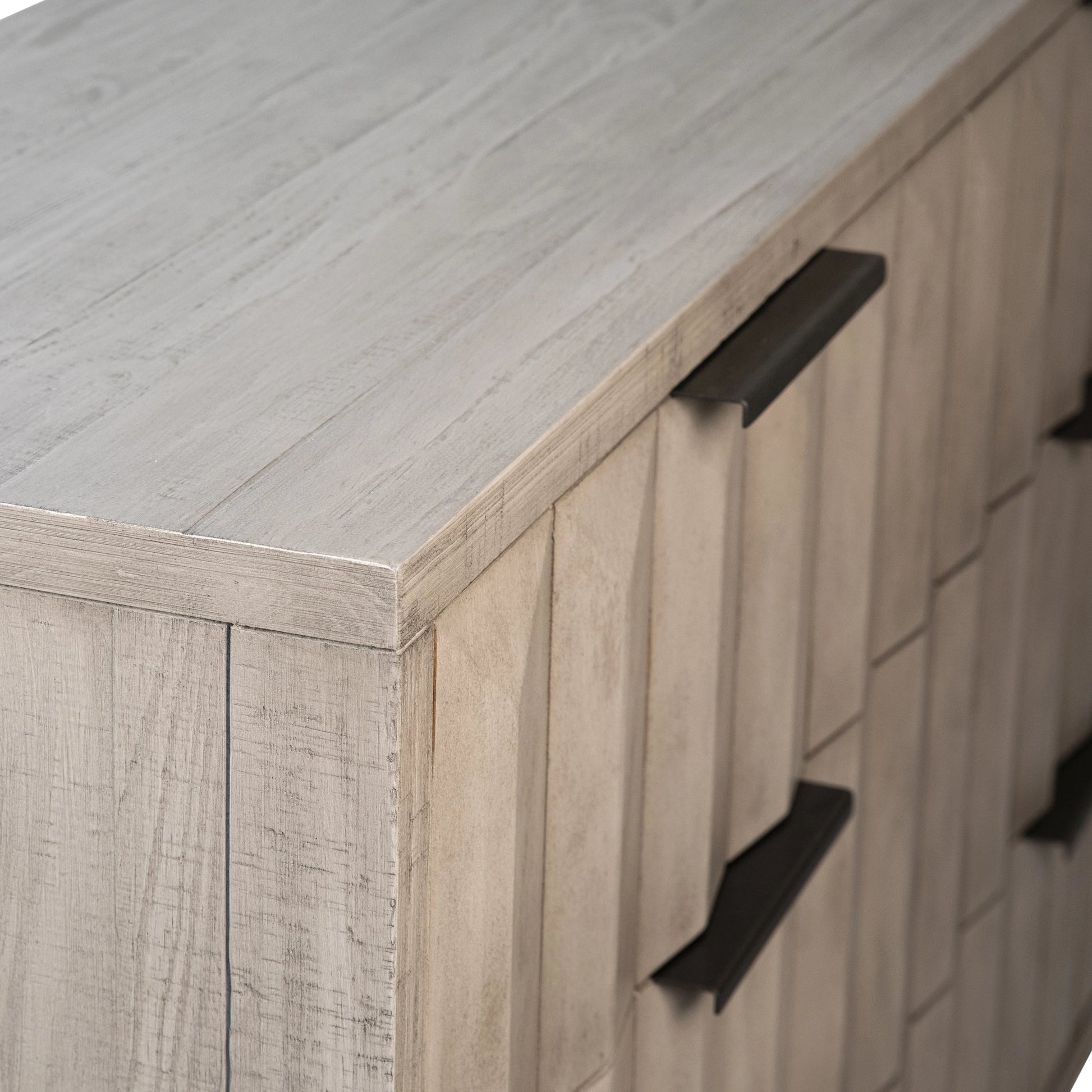 Knightley Carved Reclaimed Wood Dresser by Arch & Plane in grey, brown and light grey wash seal finish, antique gunmetal finish. Made from pine wood, veneer, metal in a modern style.