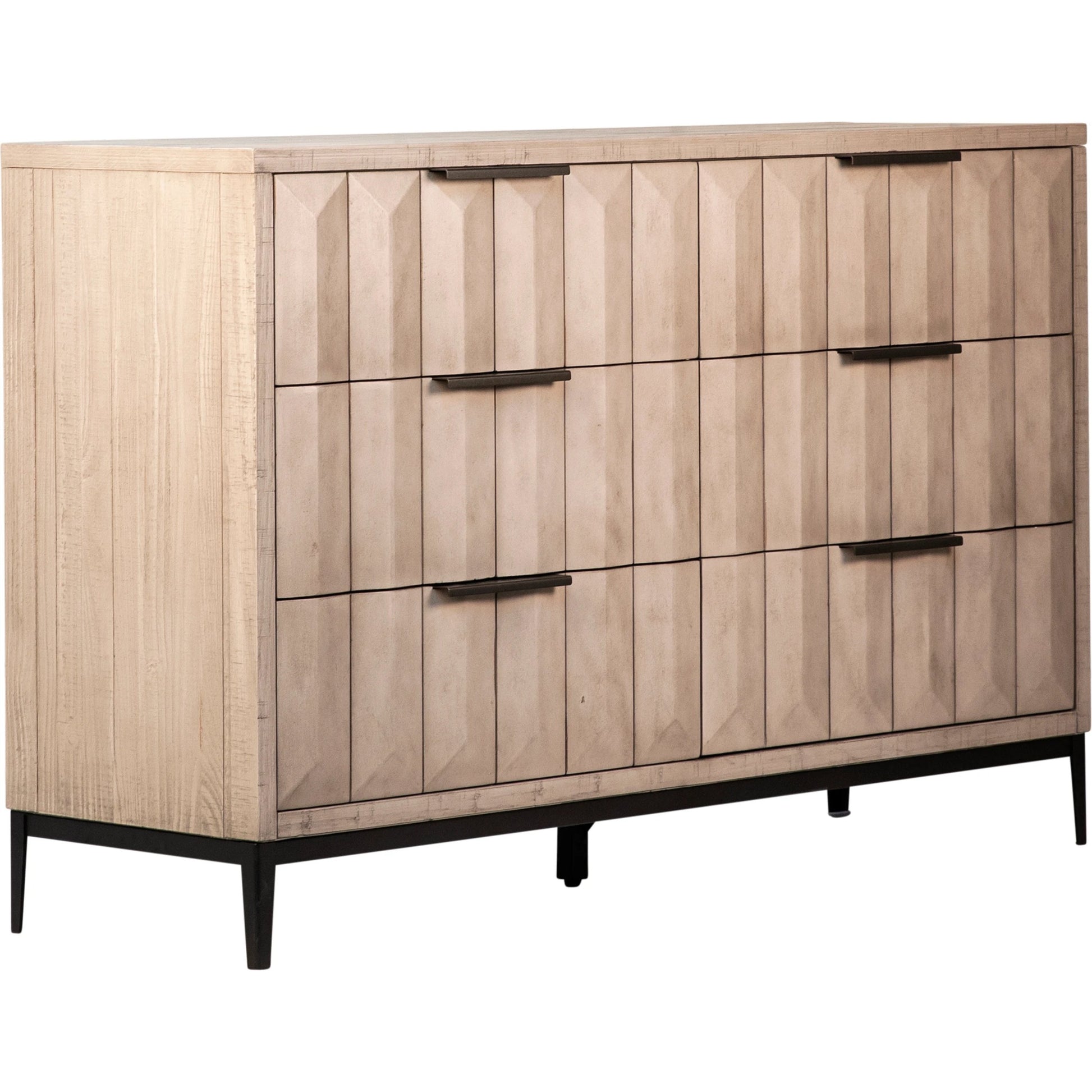 Knightley Carved Reclaimed Wood Dresser by Arch & Plane in grey, brown and light grey wash seal finish, antique gunmetal finish. Made from pine wood, veneer, metal in a modern style.