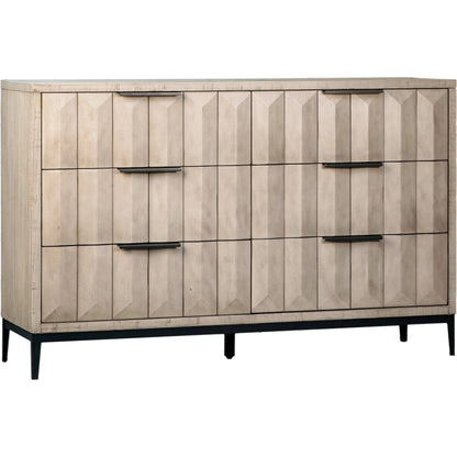 Knightley Carved Reclaimed Wood Dresser by Arch & Plane in grey, brown and light grey wash seal finish, antique gunmetal finish. Made from pine wood, veneer, metal in a modern style.