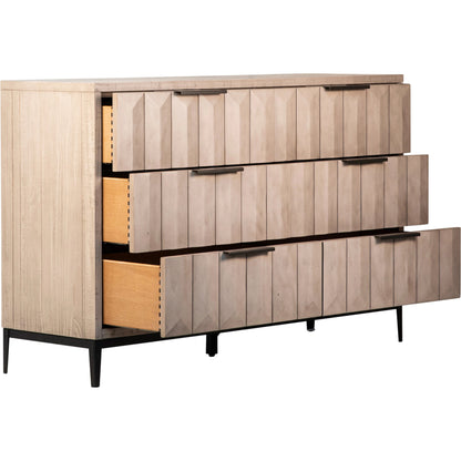Knightley Carved Reclaimed Wood Dresser by Arch & Plane in grey, brown and light grey wash seal finish, antique gunmetal finish. Made from pine wood, veneer, metal in a modern style.
