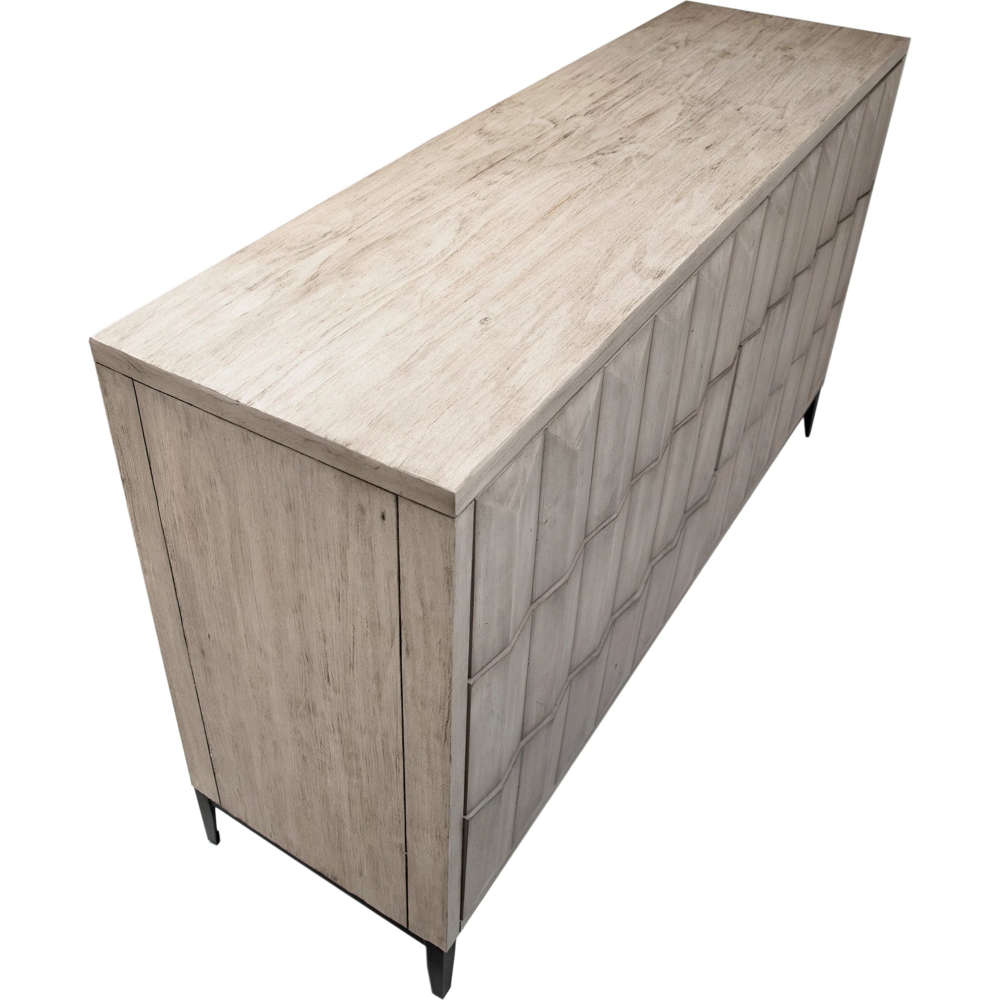 Knightley Carved Reclaimed Wood Dresser by Arch & Plane in grey, brown and light grey wash seal finish, antique gunmetal finish. Made from pine wood, veneer, metal in a modern style.