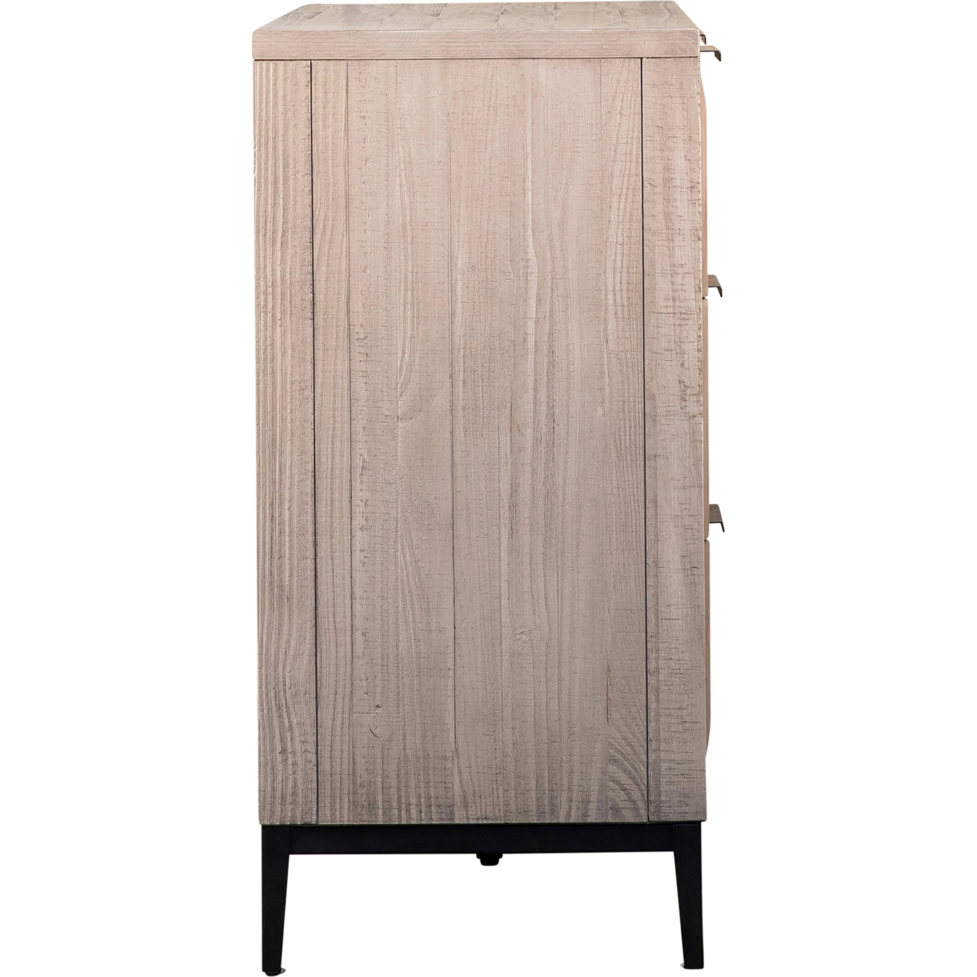 Knightley Carved Reclaimed Wood Dresser by Arch & Plane in grey, brown and light grey wash seal finish, antique gunmetal finish. Made from pine wood, veneer, metal in a modern style.